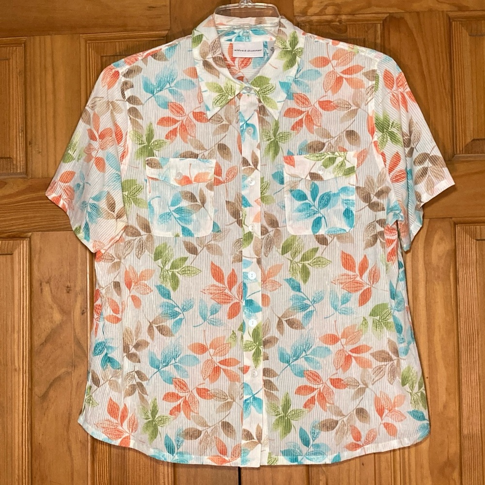 NWOT Alfred Dunner Vintage 90s Top Short Sleeve Blouse White Brown Size 16